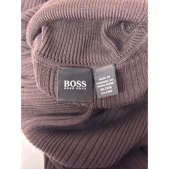 Boss Hugo Boss Sweater Large Mens Brown Silk Blend Knit Slim Fit Turtleneck - Picture 7 of 9